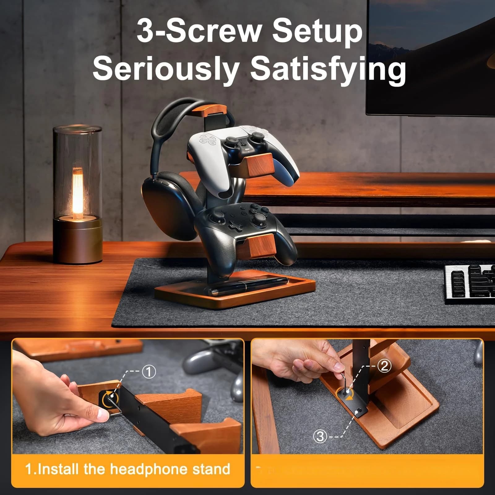 Supporto per Cuffie da Gaming in Ferro e Legno, Porta Cuffie da Scrivania, Rack di Stoccaggio in Legno Massiccio per Cuffie e Controller da Gamer