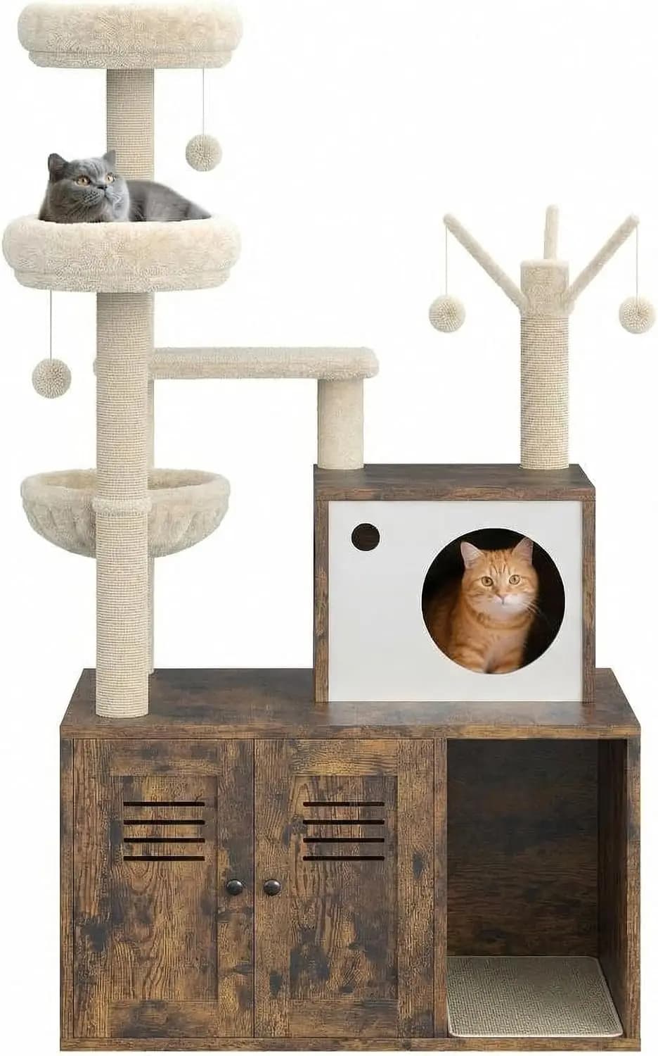 Cat Tree with Litter Box Enclosure, 3-in-1 Cat Tower with Scratching Posts, Wooden Cats Condo with Hammock & Basket, Hidden Litt