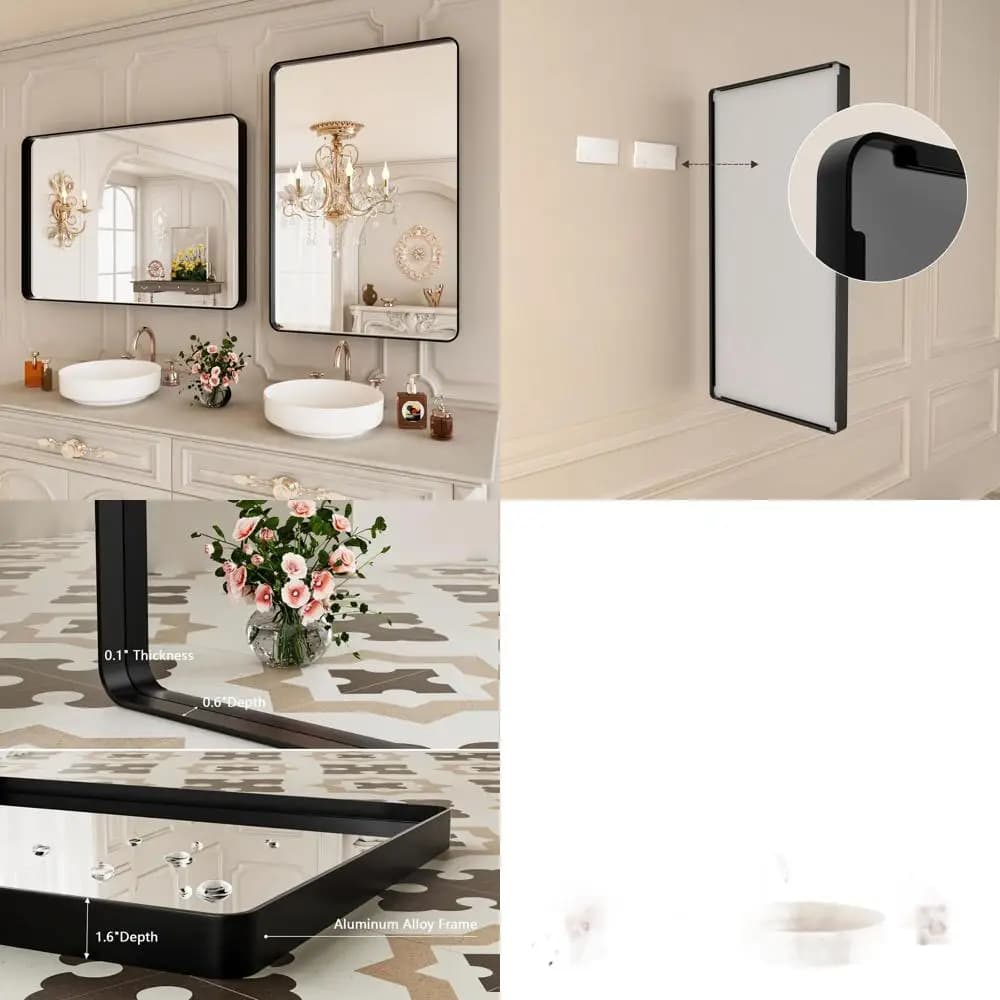 Specchio da parete per bagno nero opaco 24 x 36 con cornice rotonda in metallo