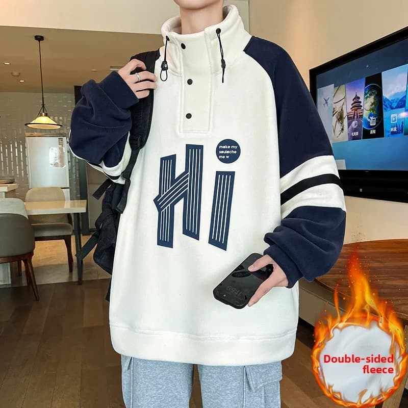 Thiened Fce Hoodie Men's Winter Warm Stand Collar Casual Jaet Trendy Brand Patchwork Fce Sweatirt Youth Faion