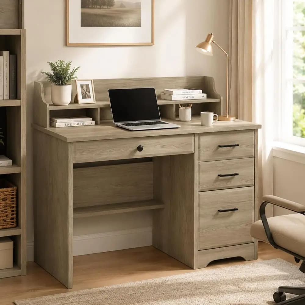 Scrivania Ergonomica con Supporto Monitor, Scrivania Compatta con Cassetti, Scrivania in Legno per Archiviazione, Scrivania Ideale per Camera da Letto, Grigia
