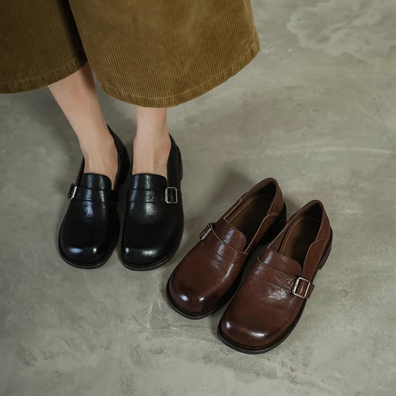 2026 new spring autumn women pumps natural leather 22-25cm washed cowhide+sheepskin+pigskin round toe women shoes buckle loafers