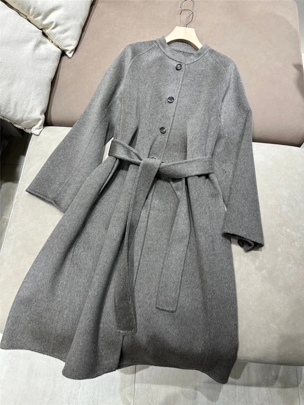 Women's Wool-Cashmere Blend Trench Coat Long Belted Slim-Fit Jacket Female Oversize