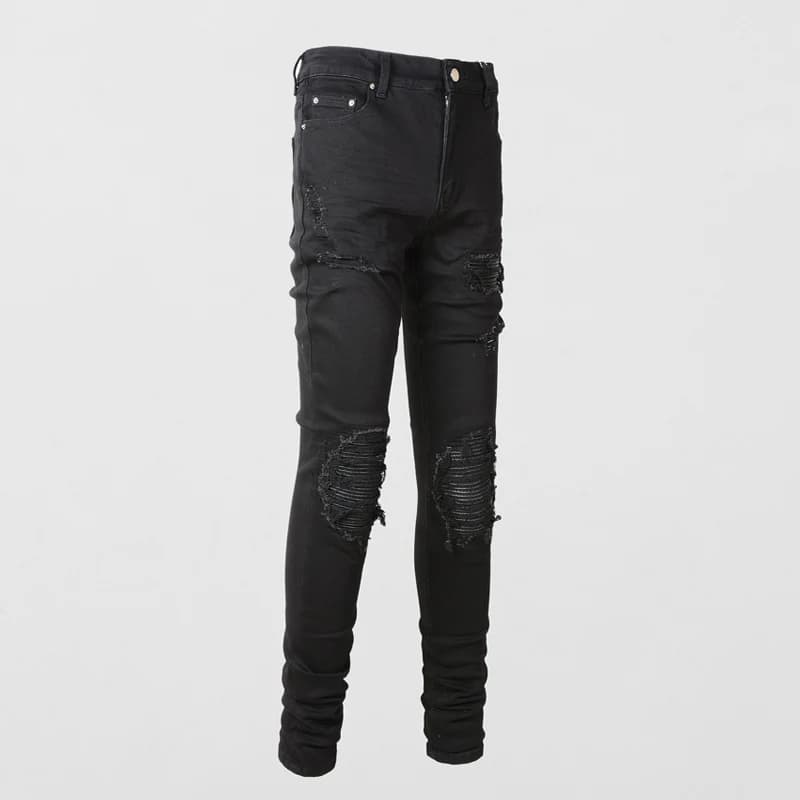Fashionable new black jeans with perforated patches washed nostalgic stretch slim fit jeans high street hip-hop brand pants