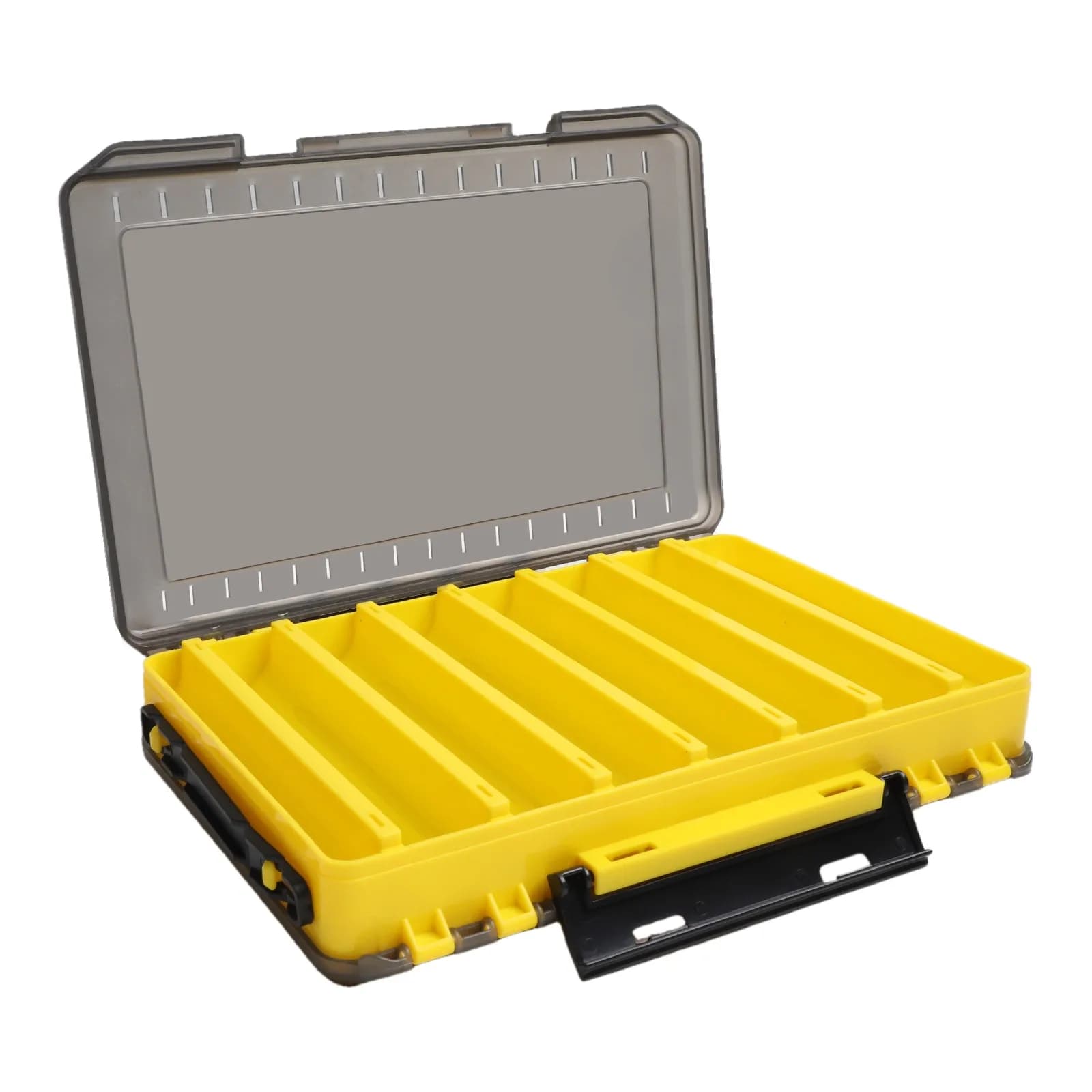 Two-sided waterproof fishing box with translucent external side locks and large pockets for baits and equipment