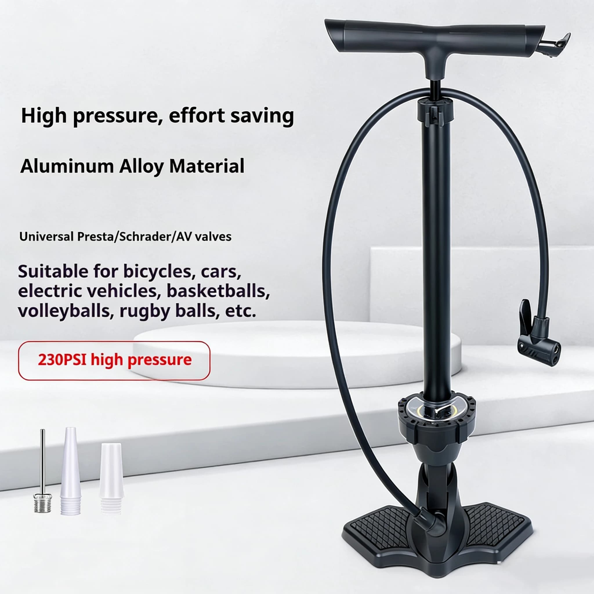 OFFBONDAGE Pompa per bicicletta 230PSI Pompa da pavimento ad alta pressione in lega di alluminio Valvole universali Presta Schrader AV per auto e moto
