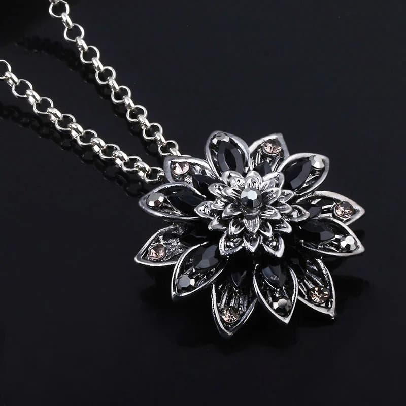Michel Jone zircone Nero Dalia Collane Fiore vintage Collana con ciondolo in lega di rame di cristallo con perline Gioielli per regalo da donna