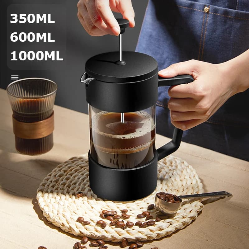 Caffettiera French Press in Vetro Borosilicato Spesso, Multifunzione, con Sistema di Pressione Manuale