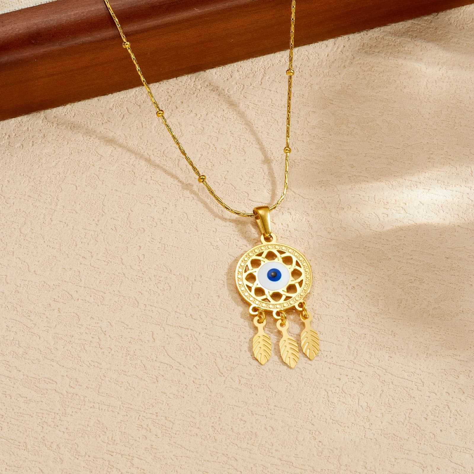 Stainless Steel The Evil Eye Dream Catcher Feather Zircon Pendant Necklace Lady Waterproof New Neck Chain Jewelry