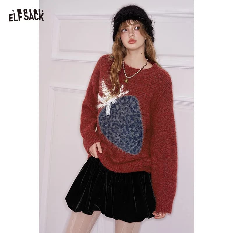 ELFSACK Minimalist Casual Loose Fruit Graphic Lace Bow 3D Embellishment Round Neck Sweater For Women