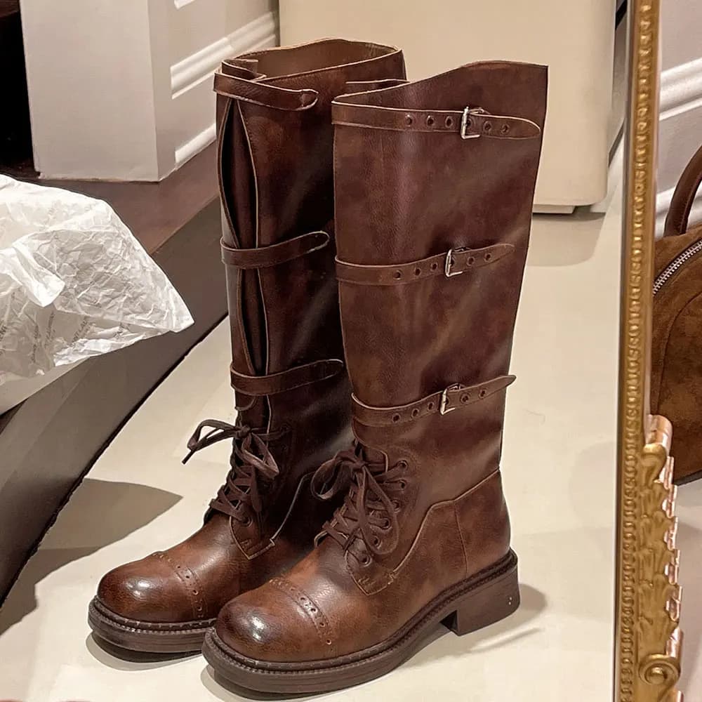 Women's Knee Boots Women's Boots with Design With Vintage Belt Buckle Fashionable Knight Boots Long Tube Boots Botas Largas Mujer