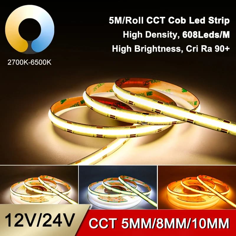 High Brightness 5M/Roll CCT 2700K To 6500K Cob Led Strip Dimmable 12V 24V Ra90 608leds 5MM 8MM 10MM CCT Led Strip Light