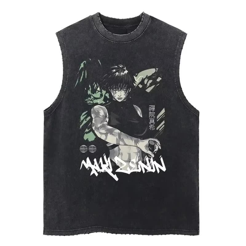 Nuova Canotta Vintage Lavata Senza Maniche Jujutsu Kaisen Maki Zenin 2026, Streetwear con Grafica Anime, Gilet Casual in Cotone per Uomo Donna