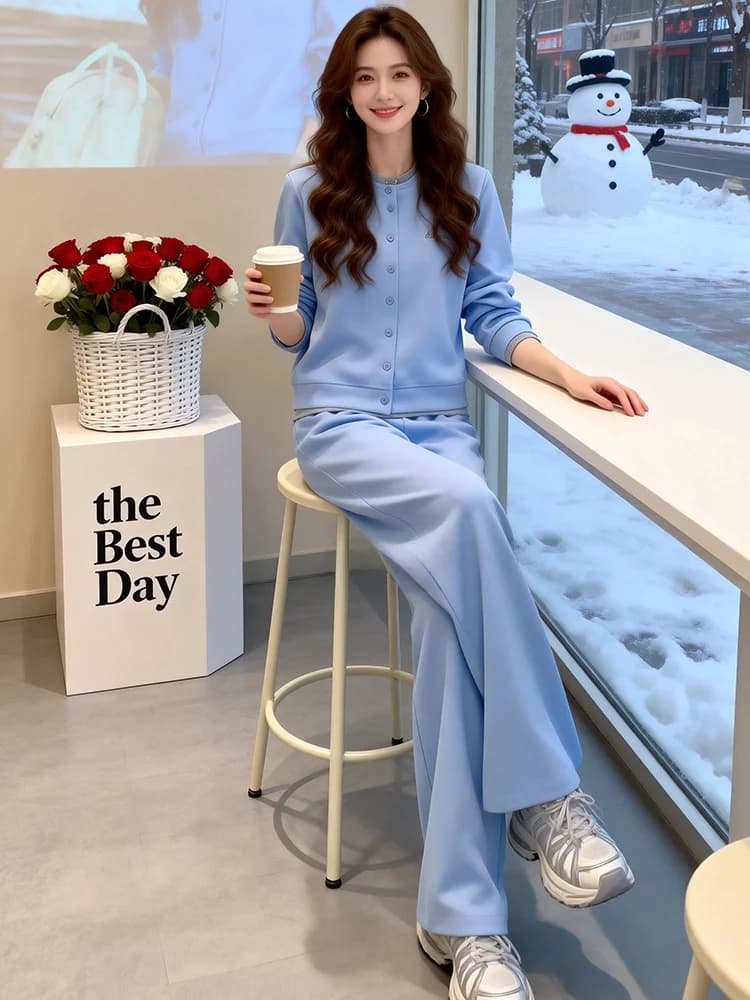 Set Sportivo Casual Trendy Primaverile per Donna, Giacca Blu Anti-Invecchiamento Elegante, Pantaloni a Gamba Larga, Completo Due Pezzi Comodo