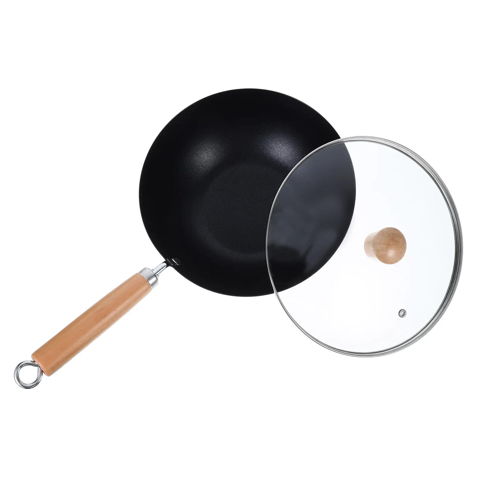 Small Uncoated Iron Frying Pan Deep Wok Pan Wooden Handle Lid Cooking Stir Fry Kitchen Skillet Small Iron Skillet