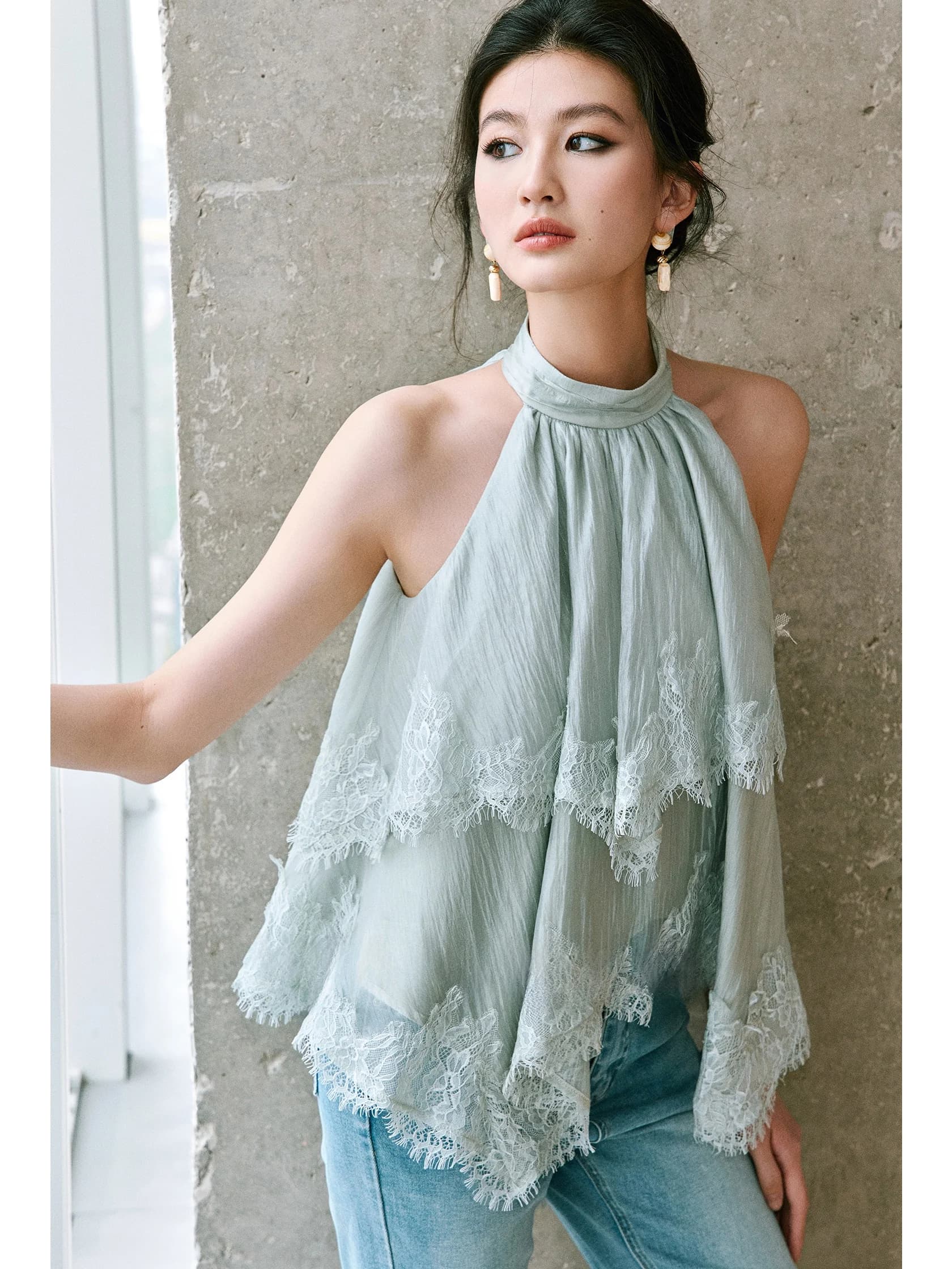 WANGXO Top Senza Maniche da Donna con Collo Alto in Pizzo, Stile Romantico a Nuvola Fluida, Asimmetrico e Svasato