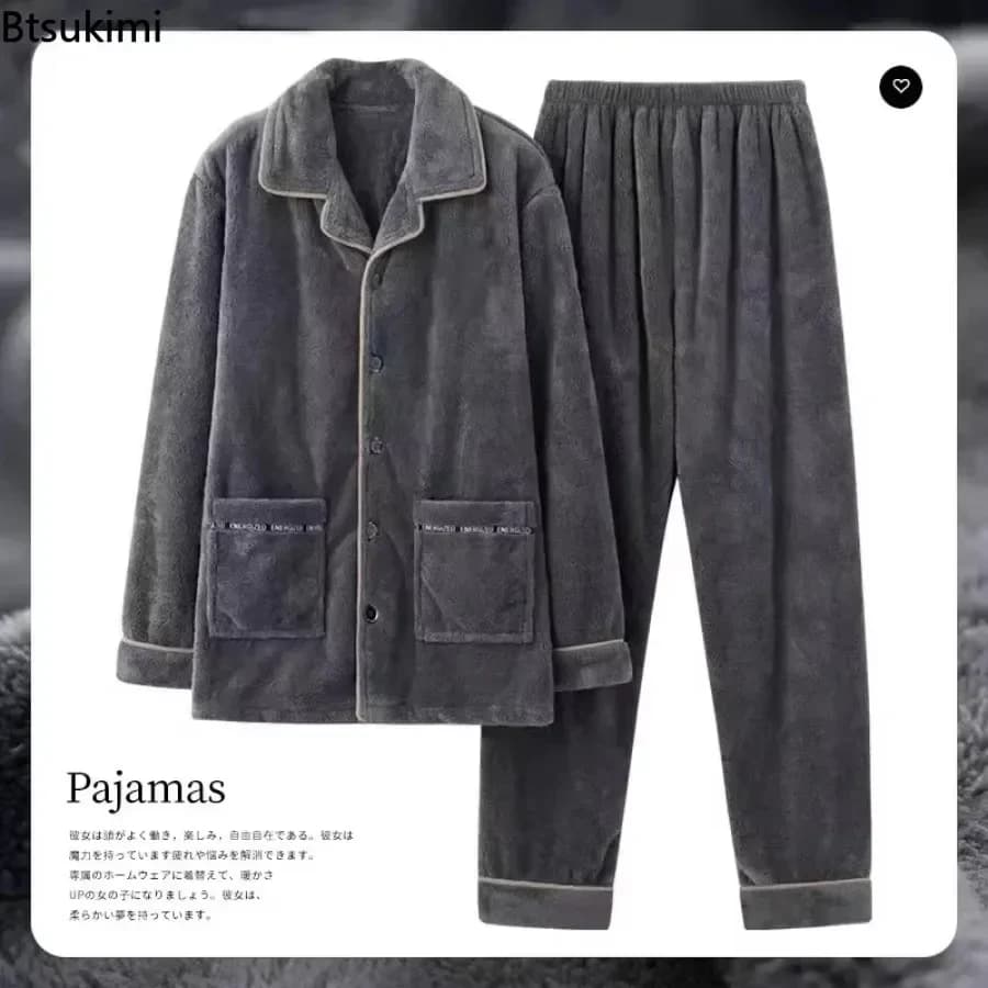 Autunno Inverno Manica Lunga Addensato Caldo Pigiama di Flanella Set per Gli Uomini Accogliente Velluto Corallo Degli Indumenti Da Notte 2 Pezzi Uomo Salotto Homewear Vestito