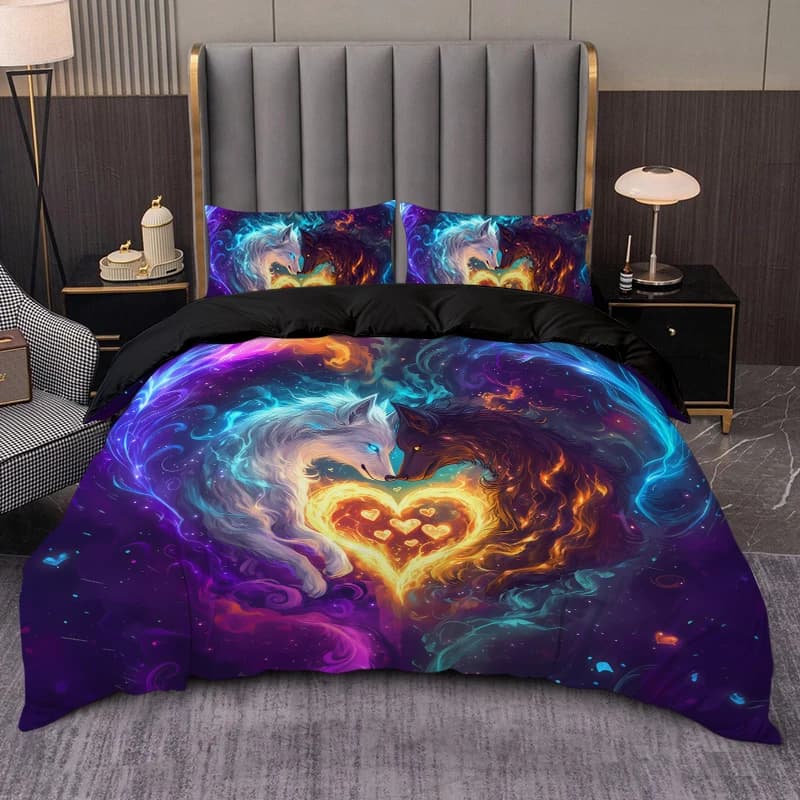 3PC Couple's Love Wolf printed high-definition duvet cover (1 duvet + 2 pillowcase) comfortable to touch