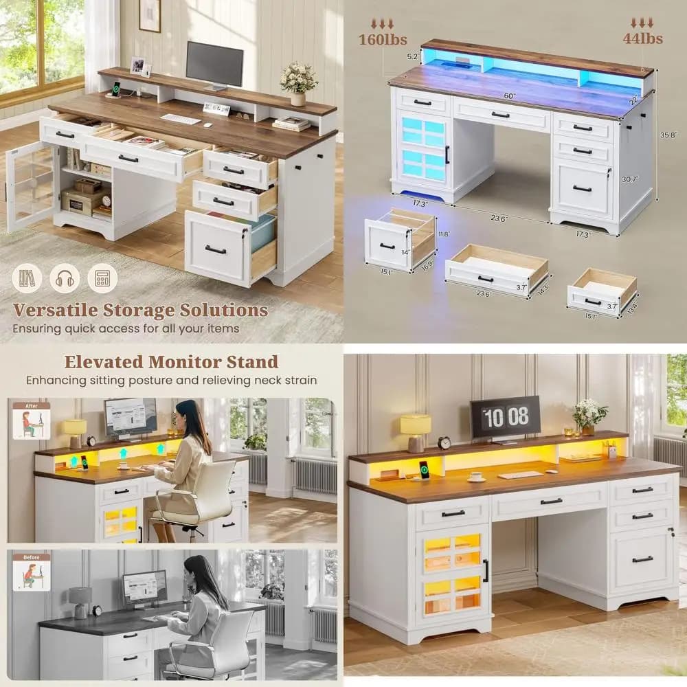 Scrivania Direzionale Moderna 60 Pollici con Cassetti, Scrivania per Ufficio Domestico con Presa di Corrente e Illuminazione a LED, Scrivania per Computer in Legno con Supporto Monitor