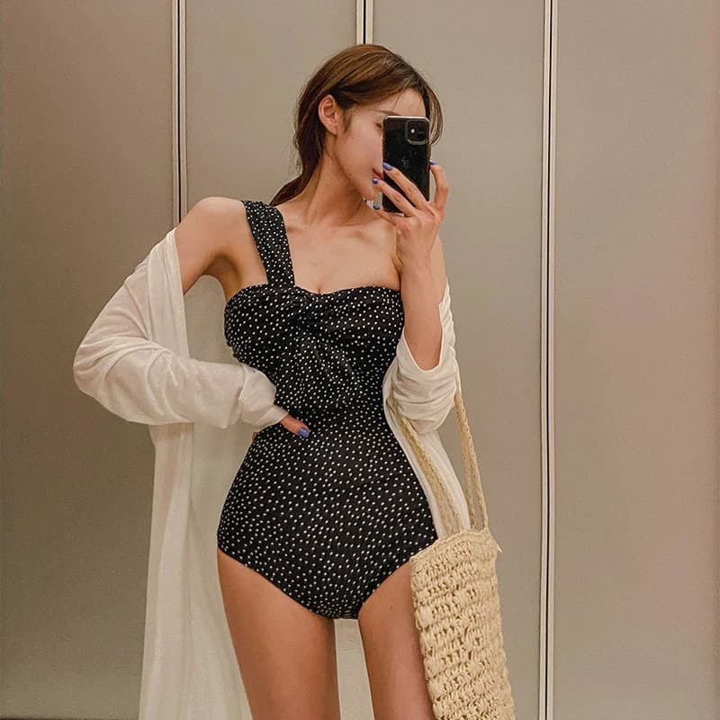 Costume da bagno da donna a pois con spalline singole, modello termale, dal design che valorizza e snellisce