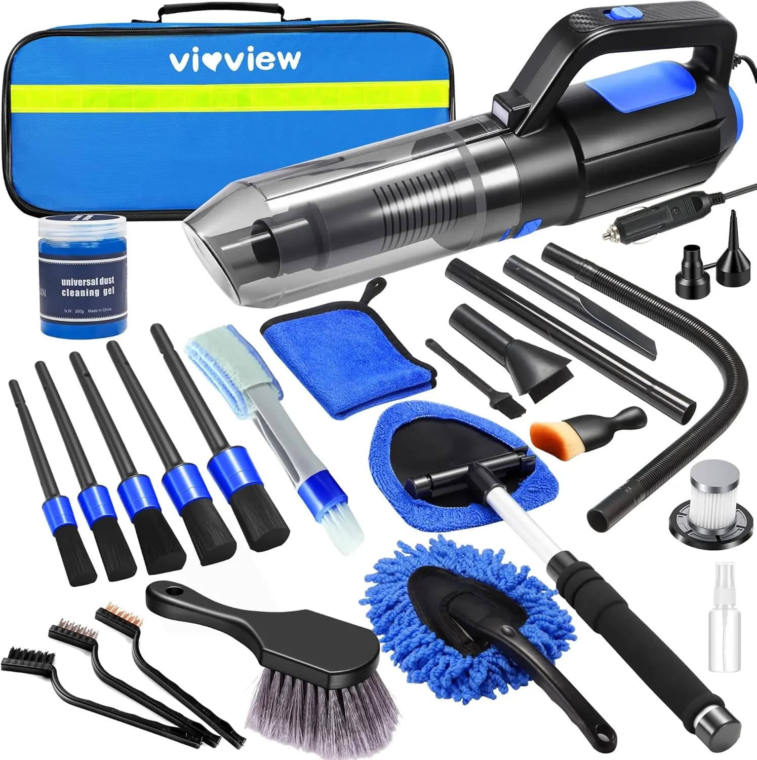 Kit di Pulizia Auto da 25 Pezzi con Aspirapolvere Portatile, Detergente per Parabrezza e Gel per Dettagli Auto