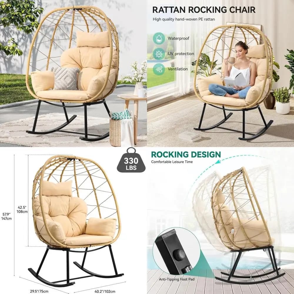 Outdoor padded rocking chair for patio, weatherproof and non-slip, supports up to 330 pounds