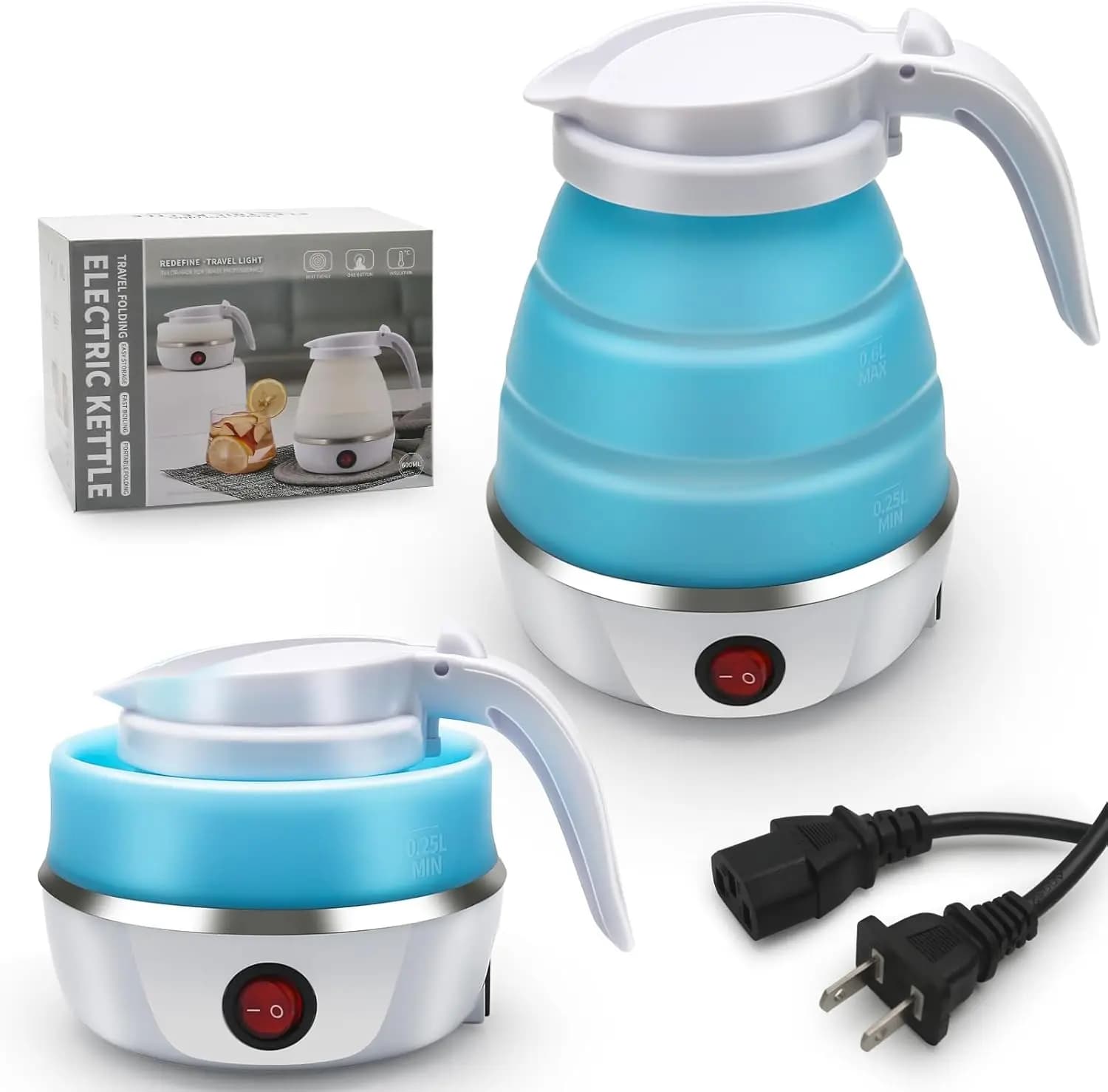 Portable Electric Travel Kettle, Silicone Folder for Camping, Easy to Arrange with Stackable Cable (Blu)