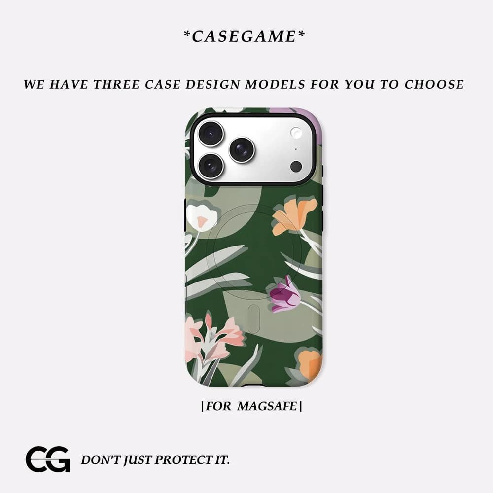 Casegame Cover Opaca Antiurto per iPhone 17 16 15 14 Plus 13 Pro Max con Bumper per MagSafe, in PC Rigido, Verde Floreale Astratto