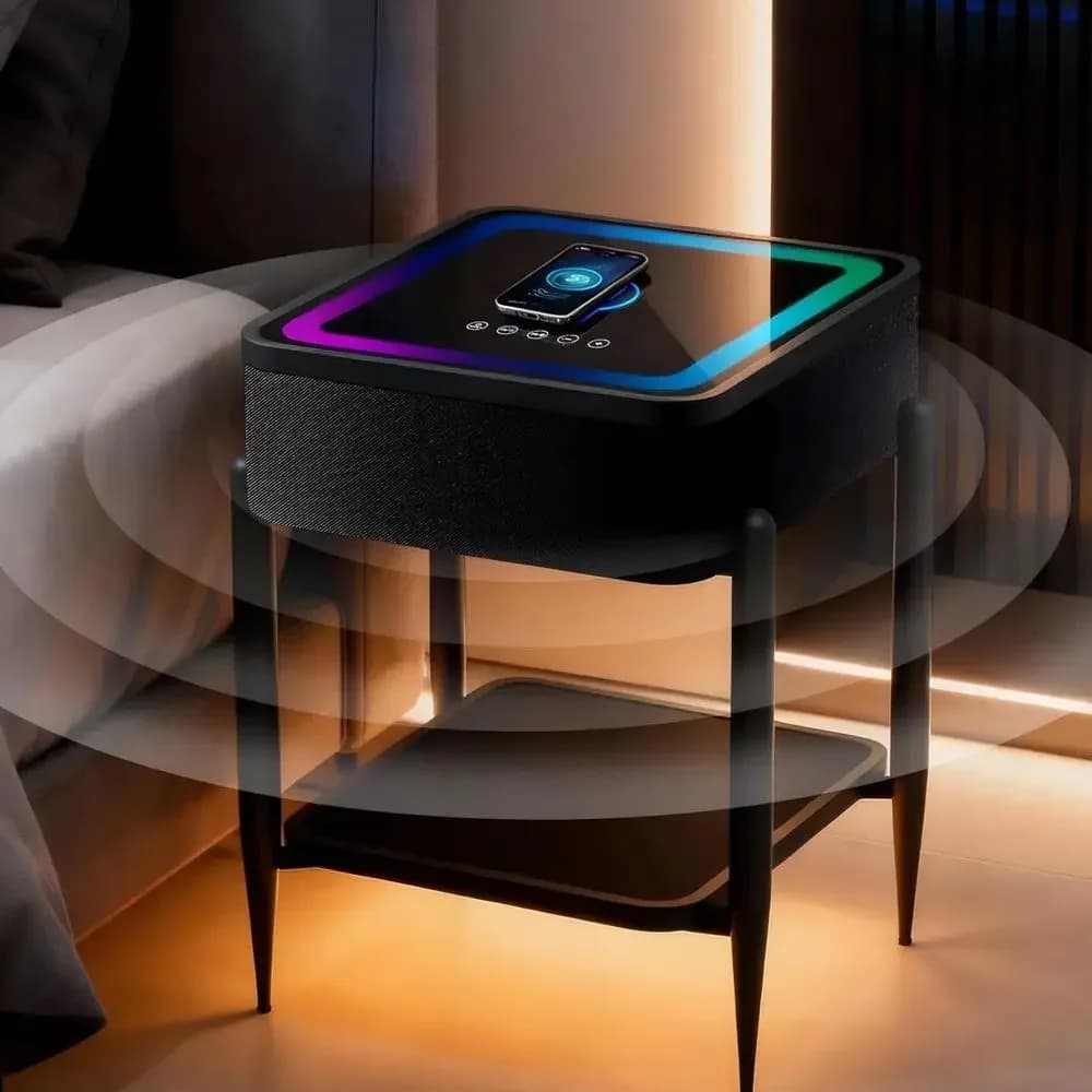Bluetooth Speaker LED Nightstand with Wireless Charging, RGB Lights, Tempered Glass, USB/Type-C/AUX Ports, Easy Assembly, 65W So
