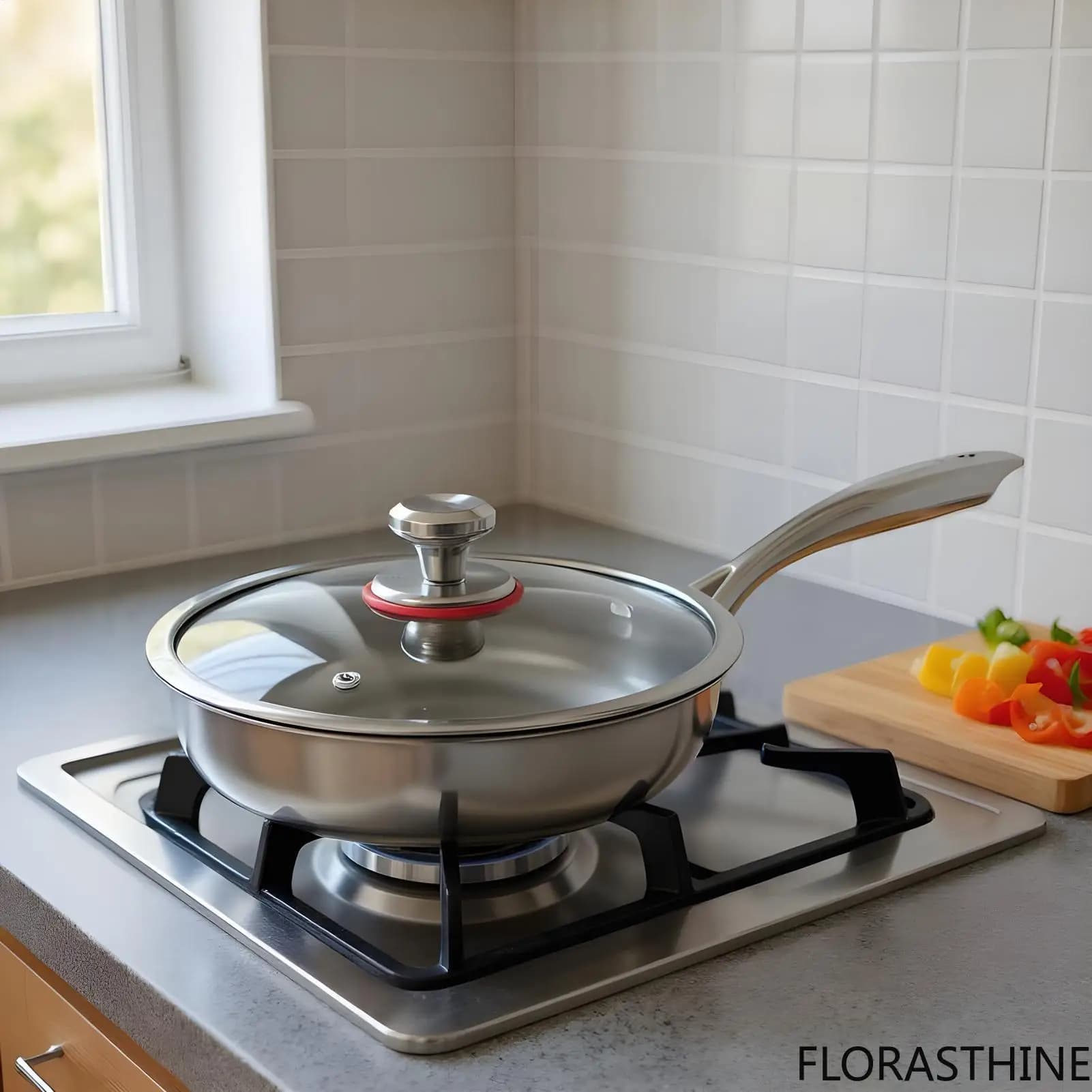 Titanium Frying Pan with Glass Lid Non-stick Even-Heating Skillet Stainless Uncoated Steel Woks Pan Kitchen Cookware