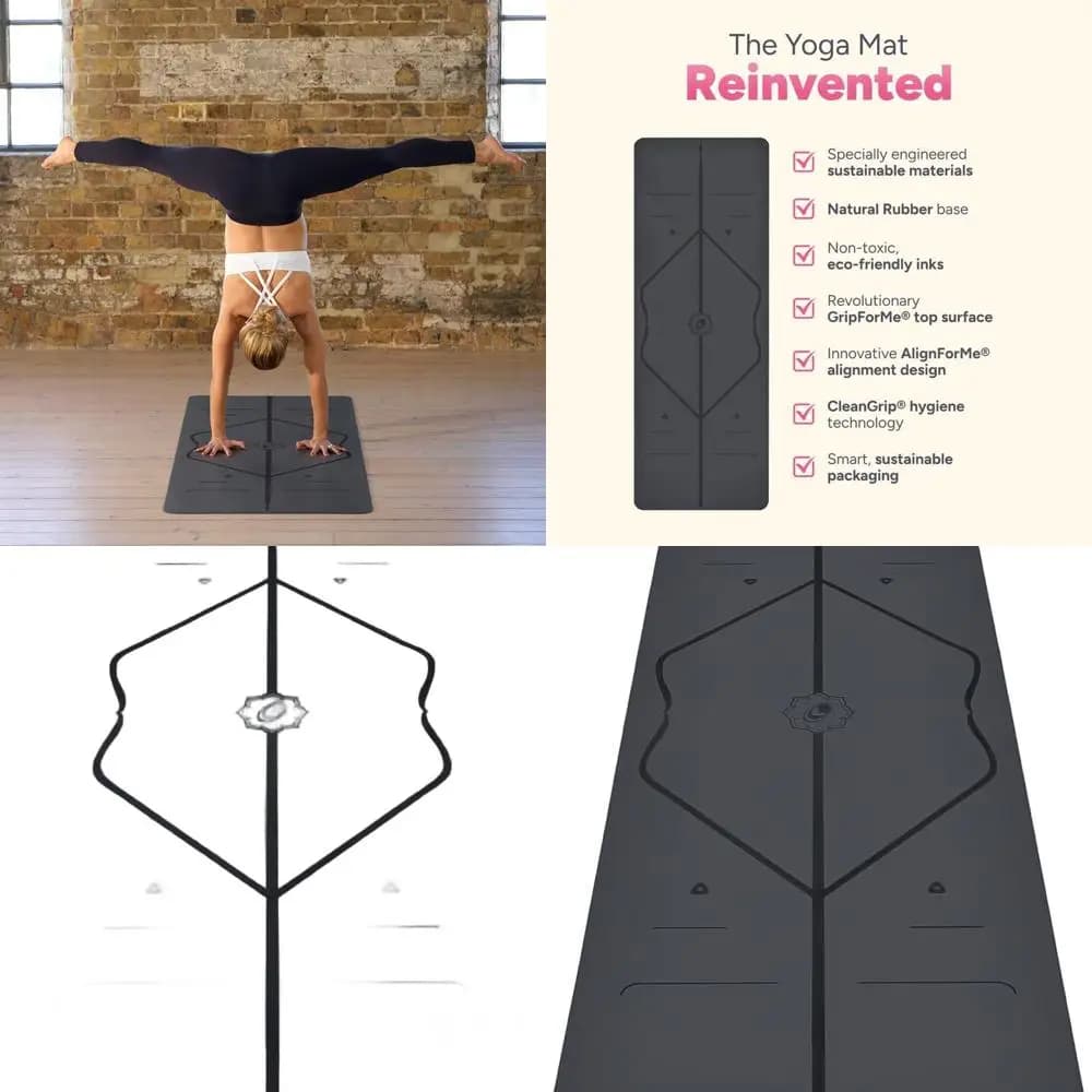 Tappetino yoga antiscivolo leggero ed ecologico, gomma naturale, impugnatura Warrior, resistente al sudore, design allineato