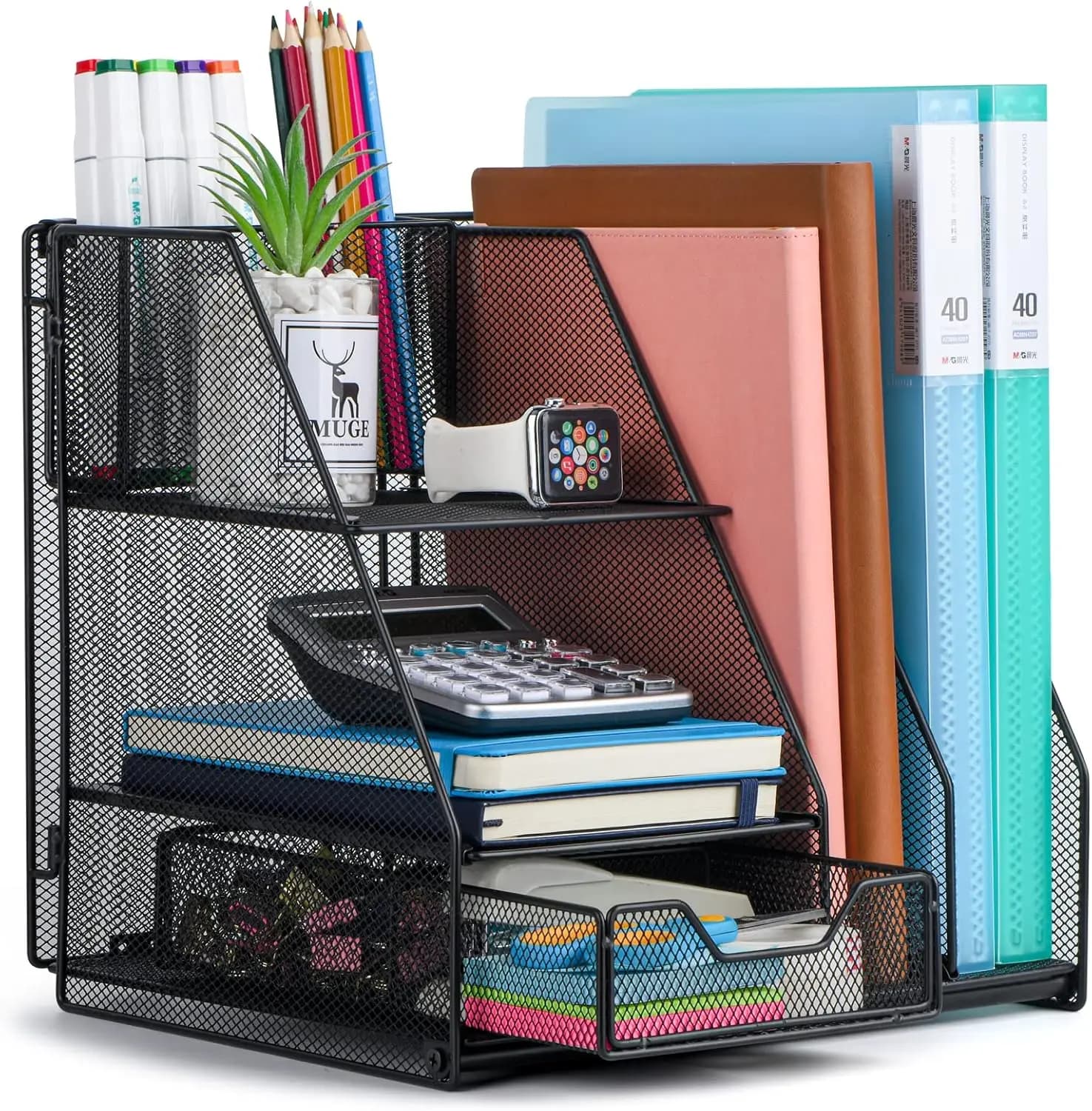 Organizer da scrivania, forniture per ufficio con 2 organizer per carta, 1 cassetto e 2 portapenne, must have per l'aula e must have per l'insegnante