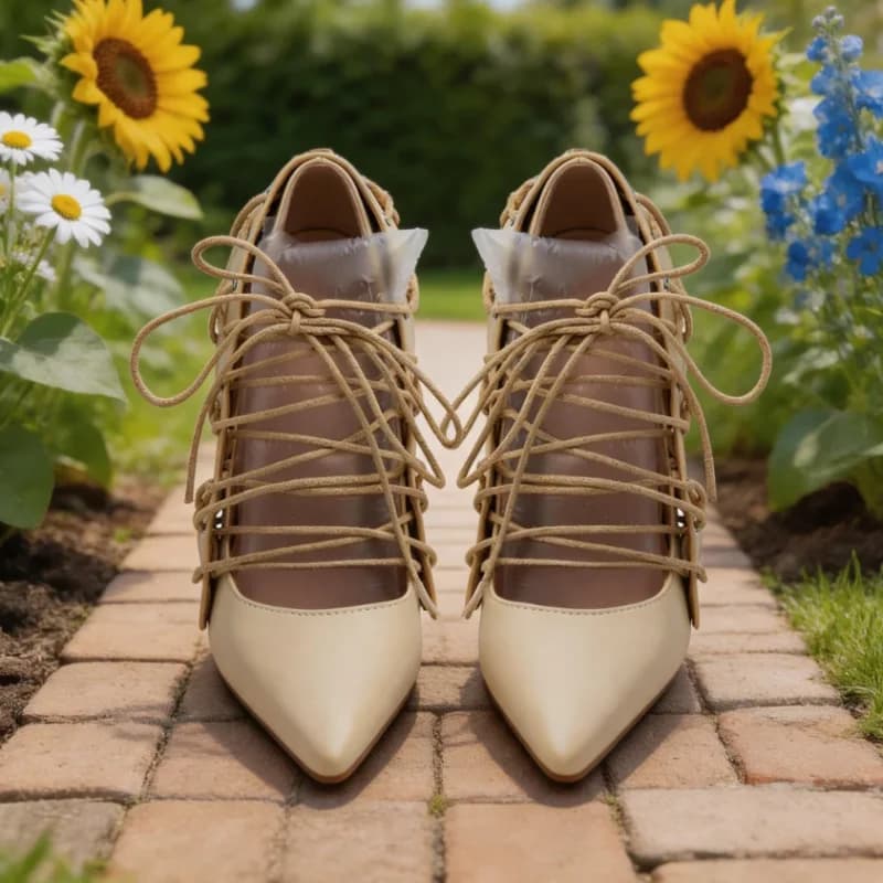 Beige Cross Strap Cutout Cover Heel Sandals Women Back Lace Up Pointed Toe Stiletto Pumps Elegant Fashion Ladies Summer Shoes