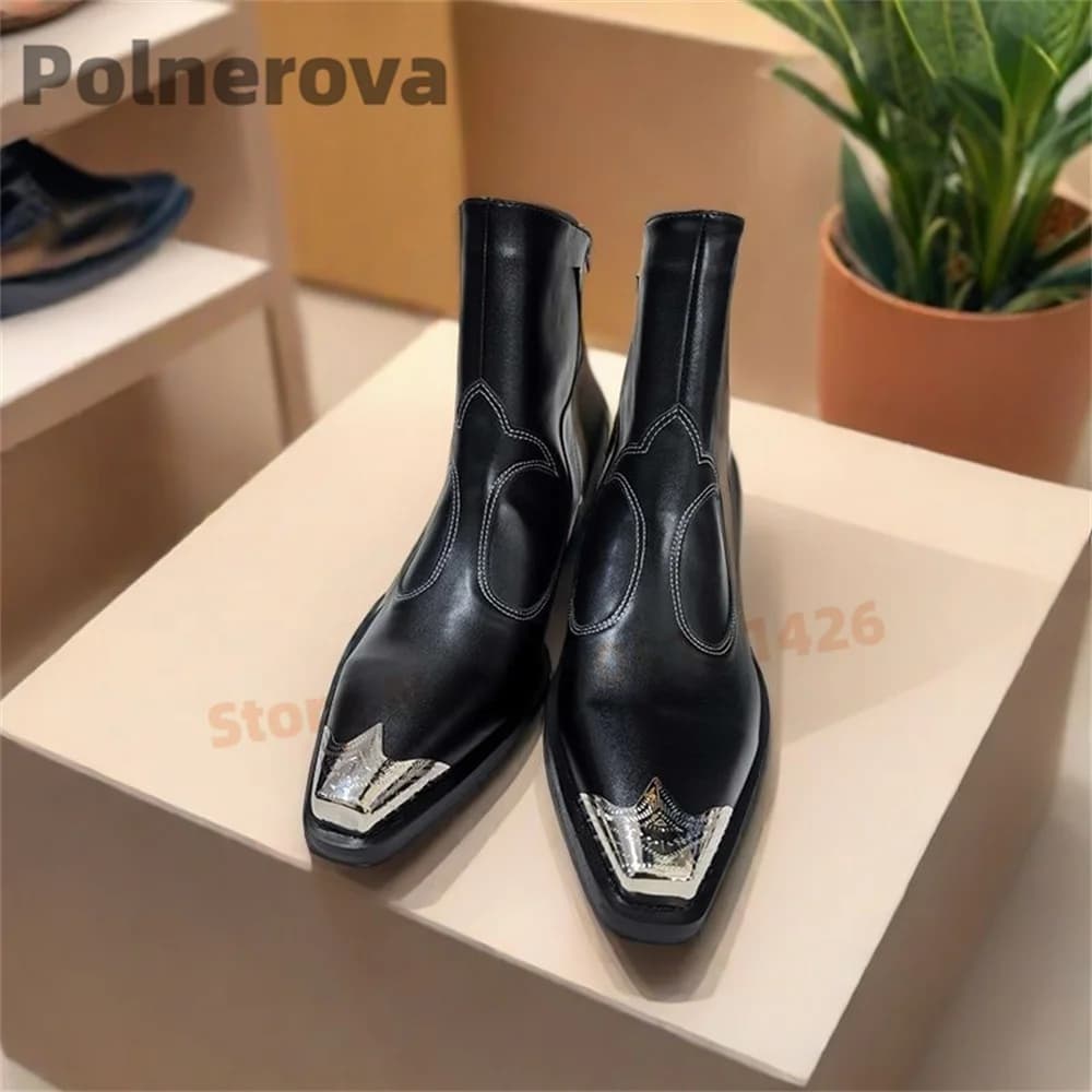 Stivali da Cowboy in Metallo con Punta per Donne, Stile Britannico in Pelle con Tacco Grosso, Stivaletti con Totem, Nuove Scarpe Neutre Autunno Inverno