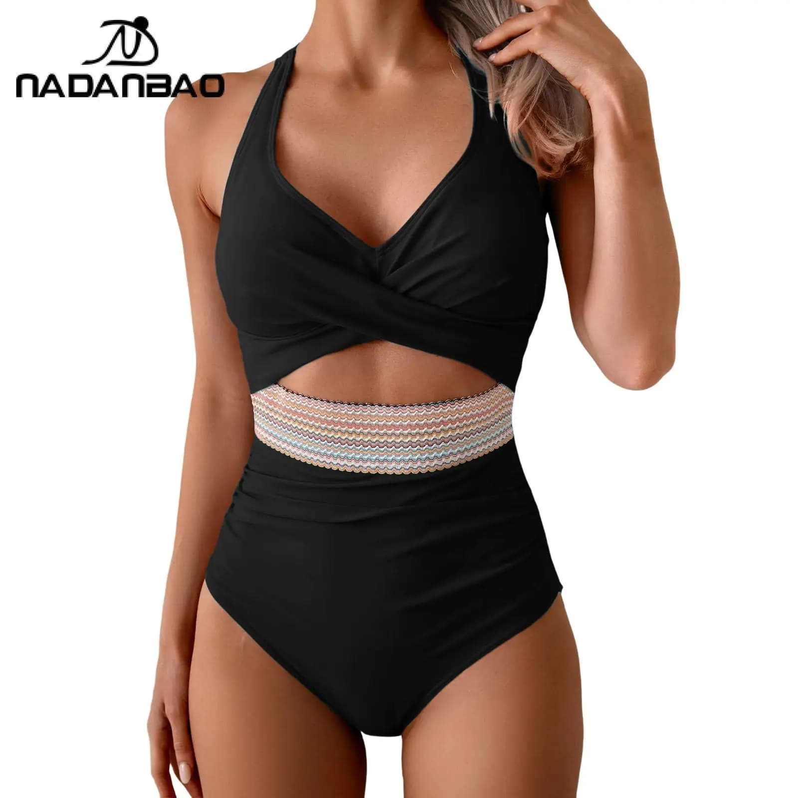 Nadanbao Costume da bagno intero estivo nero da donna, scollato, sottile, con spalline incrociate, sexy, casual, per la spiaggia