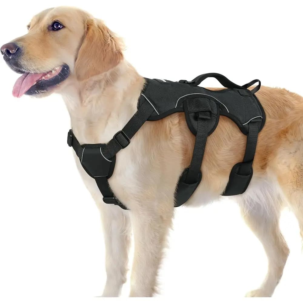 Proo Dog Harnor Large No Pull Lit Handle | No Sot Padded Reflective Adjustable Vest Leash Clip Walking Hiking Training Black Lar