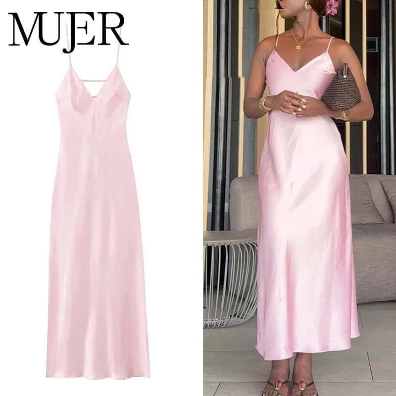 MUJER Pink Satin Slip Dress Women Yellow Summer Dress Woman 2025 Sexy Backless Long Dresses for Women Straps Party Midi Dresses