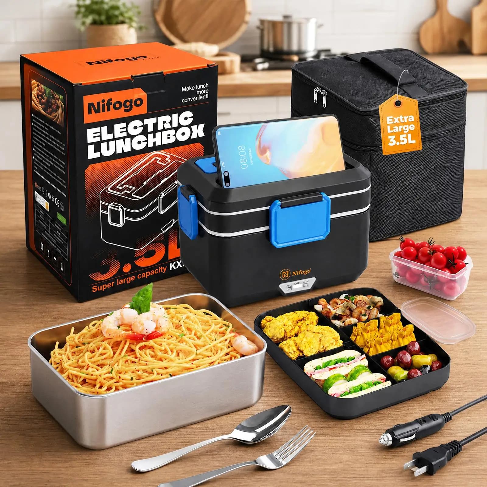 3.5L Extra Large Electric Heating Lunch Box, Dual Compartment 304 Stainless Steel Portable Food Warmer, 12V Car & 110V Home Dual Use Heated Bento Box with Insulated Carry Bag, Cutlery for Office Travel Camping