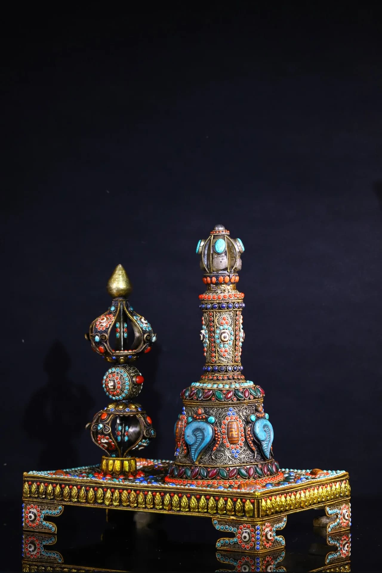 17"Tibetan Temple Collection Old Tibetan Silver Mosaic Gem gZi Beads Five Old Bell Ringing Vajra Base Amulet Dharma Town house