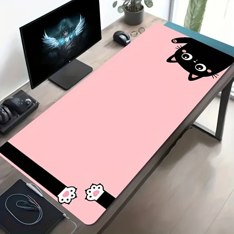 Tappetino per Mouse da Gaming XXL con Gatto Nero Carino - Tappetino da Scrivania Kawaii, Grande Tappetino Antiscivolo in Gomma Naturale