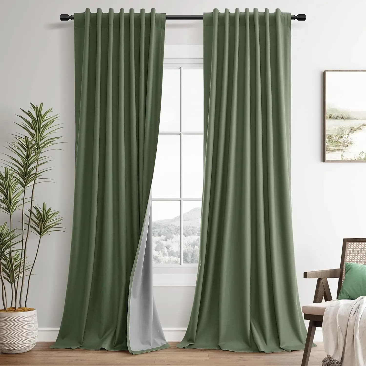 Dark Curtains in Lino Verde Oliva Length 84 Inches for Bedroom & Living Room, Thermal Insulating & Sound Absorbent