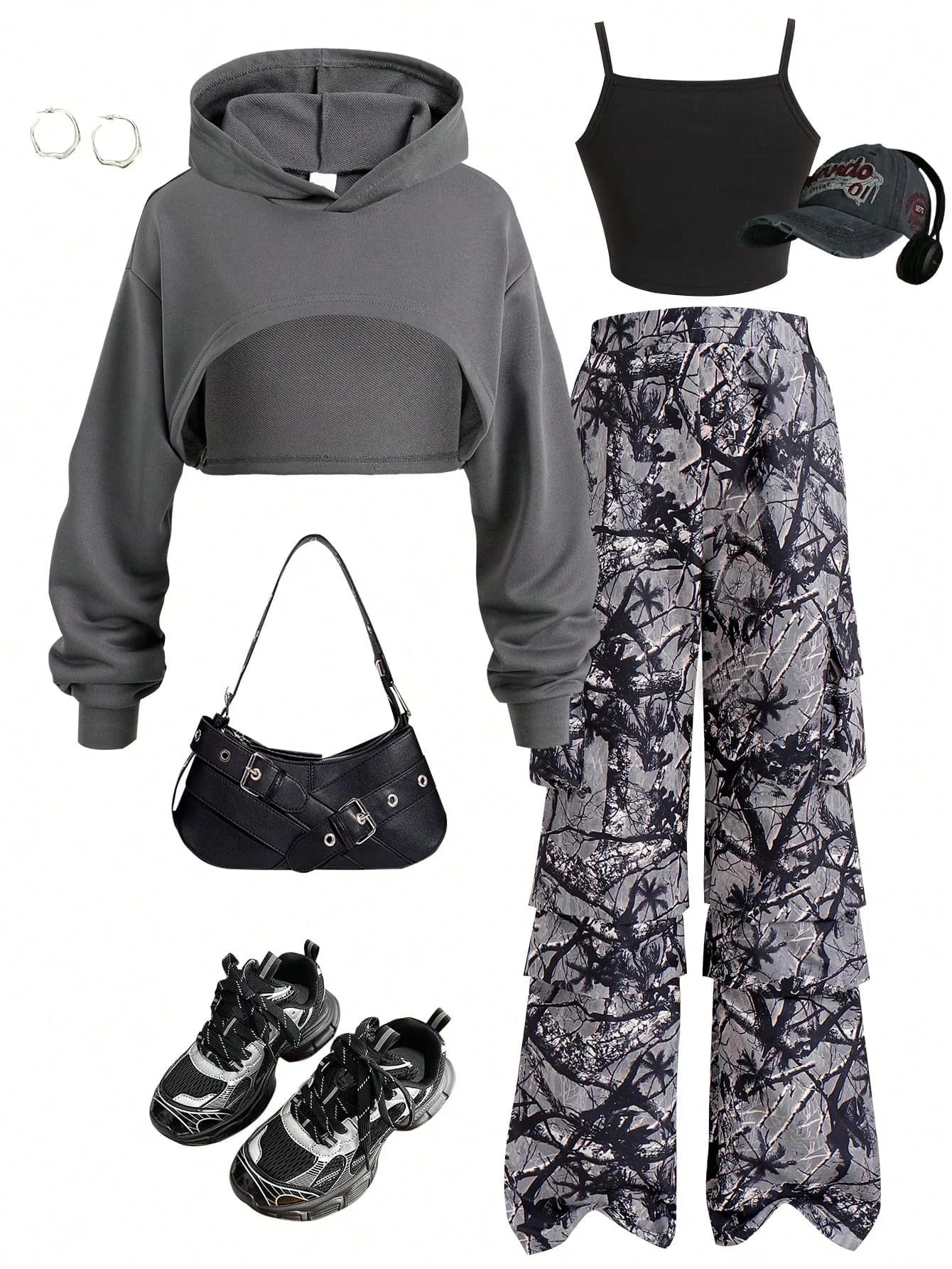 Set 3 Pezzi per Ragazze: Felpa con Cappuccio Grigio Scuro, Canotta e Pantaloni Mimetici, Stile Casual Sportivo Primavera-Autunno