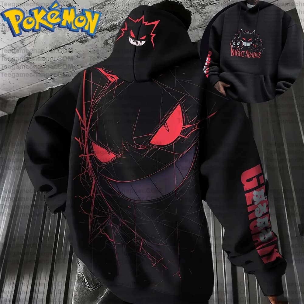 Pokemon Anime Gengar Felpa con cappuccio in cotone Pantaloni Harajuku Set Stampa di caratteri neri con occhi rossi Modello di denti affilati Abito a due pezzi