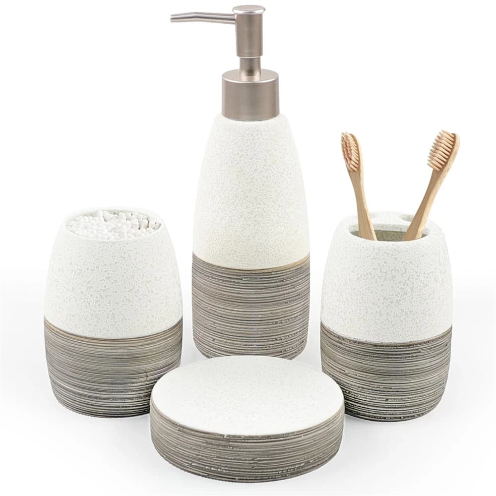 Set di 4 accessori da bagno in ceramica grigio e bianco, include portaspazzolino, bicchiere per spazzolino, dispenser per sapone, portasapone