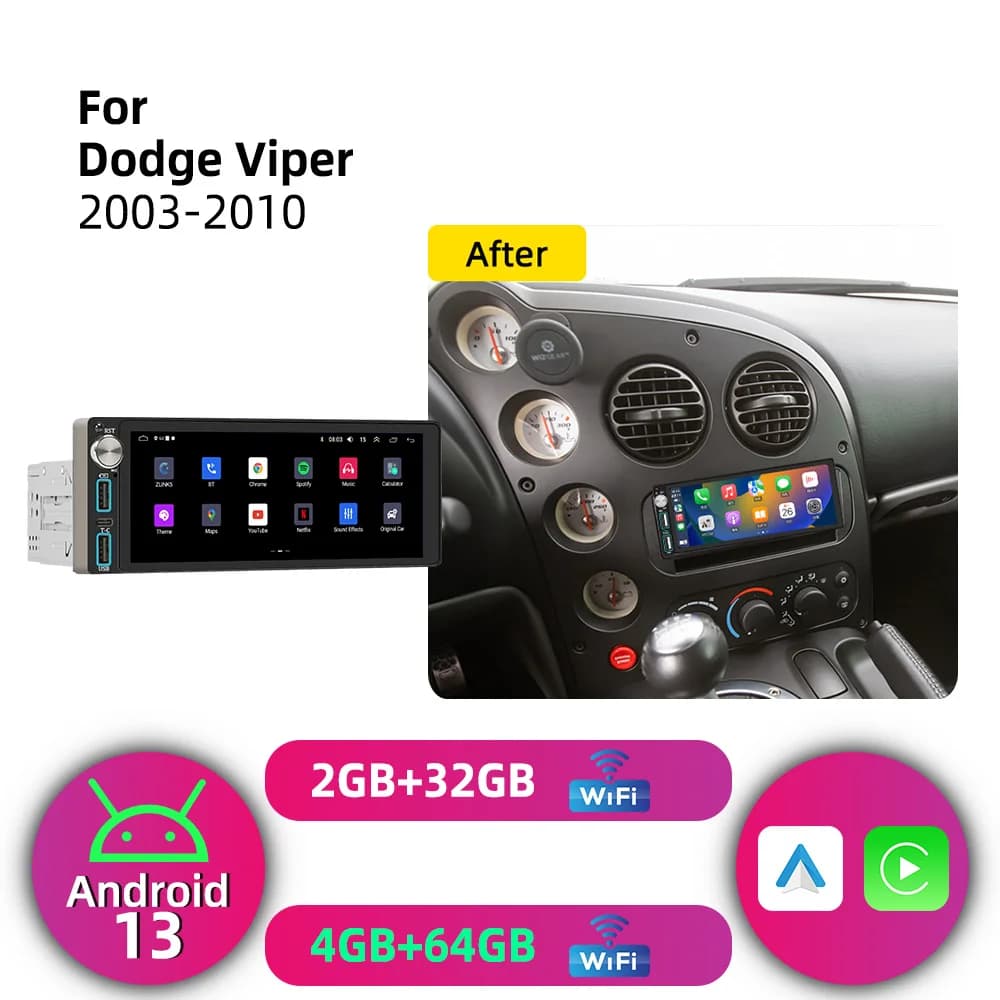 Autoradio Android 6.86" con CarPlay Wireless 1 Din per Dodge Viper 2003-2010, GPS e Lettore Multimediale