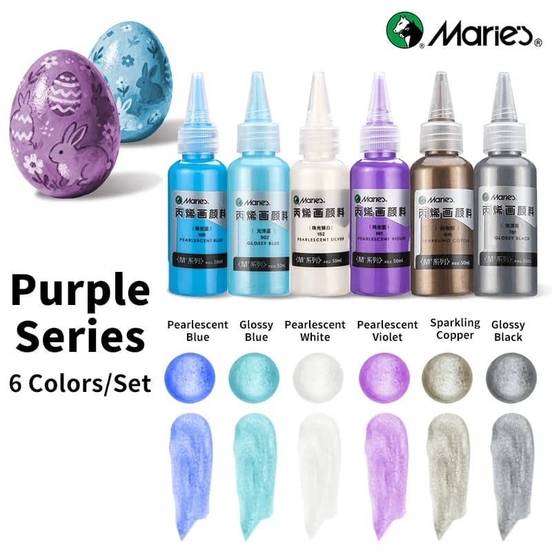 6pcs Marie's Pearlescent Acrylic Painting Pigment,Purple Colored Metallic Pigment (50ml/1.69oz) for Eggs,Rock,Wood,Canvas,Cerami