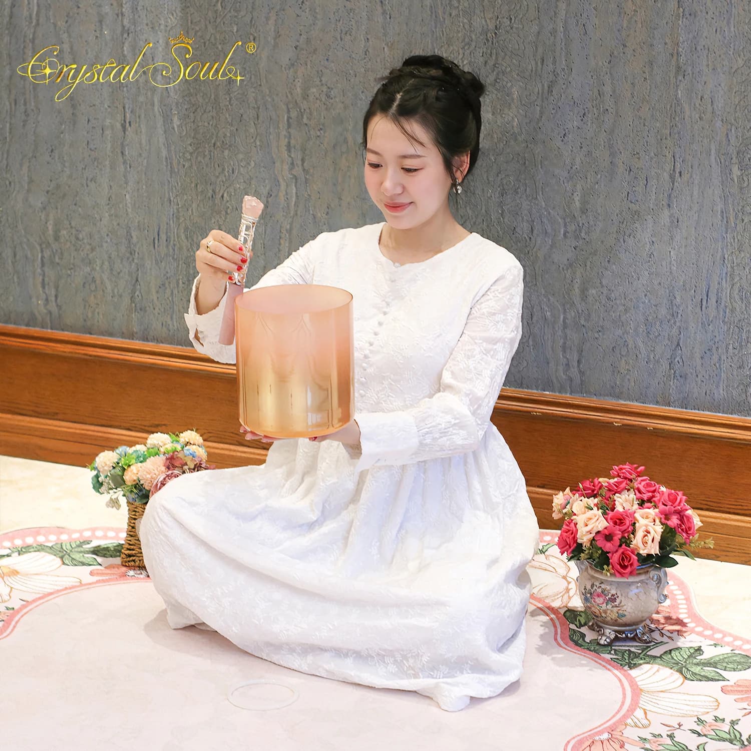 Crystal Soul Exclusive Design Warm Orange Gradient Gold Alchemy Crystal Singing Bowl for Sound Healing