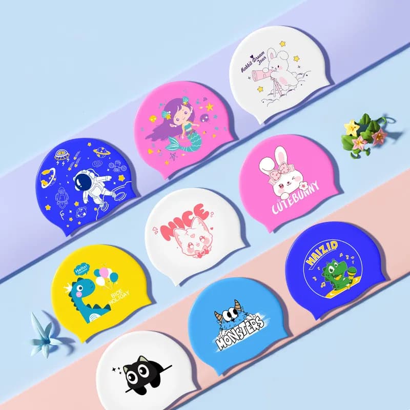 Waterproof Silicone Swimming Headphones with Print Cartons for Children and Girls, Eye Protection and Long Hair