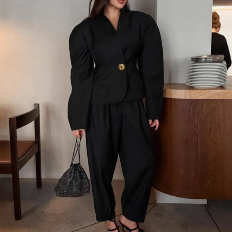 Solid Commute Suit 2 Piece-Set Women's Pants Puff Sleeves V-Neck Cropped Top and High Waist Pleated Pencil Pants Sets New