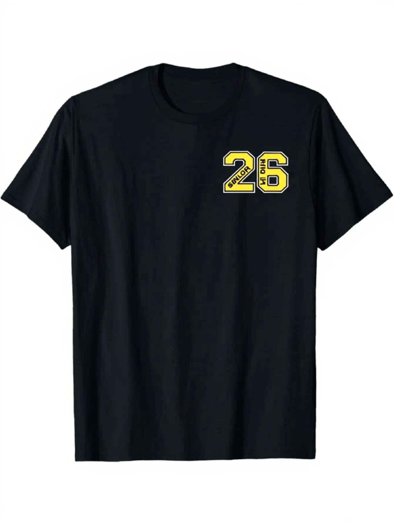 Sporty Men's Black Graphic T-Shirt Bold Number 26 Senior Class Year Distressed Varsity Letter Print 100% Cotton Heavyweight Short Sleeve Casual Streetwear Tee